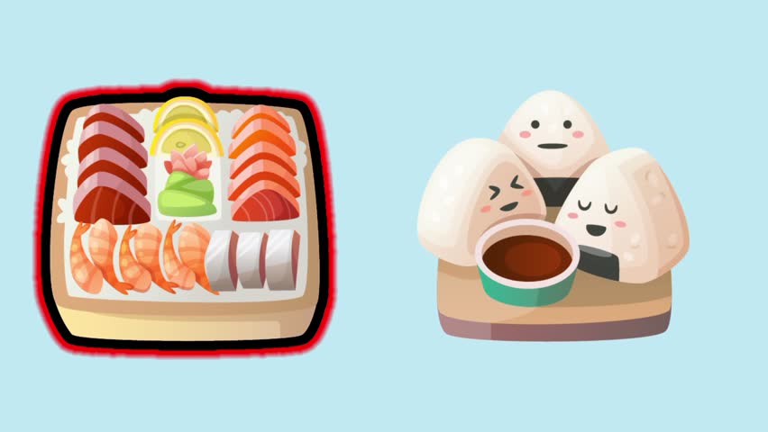 Ramen dish with noodles, egg, beef and green onion Animation intro for advertising or marketing of Japanese cuisine dishes with the ingredients of the dish flying in the air isolated sky background.