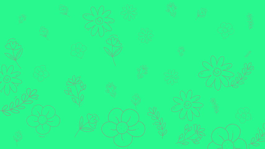 Floral doodle green background filled with flower and leaf illustrations. Ideal for naturethemed designs, stationery, and botanical projects.
