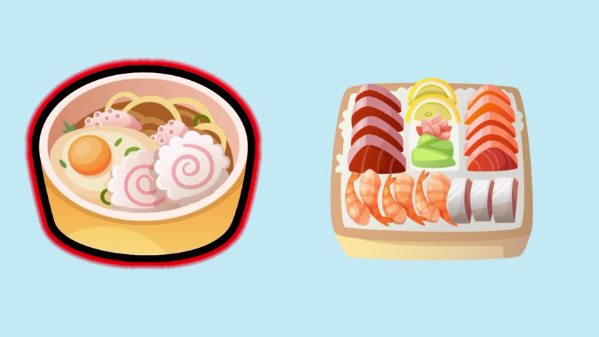 Ramen dish with noodles, egg, beef and green onion Animation intro for advertising or marketing of Japanese cuisine dishes with the ingredients of the dish flying in the air isolated sky background.