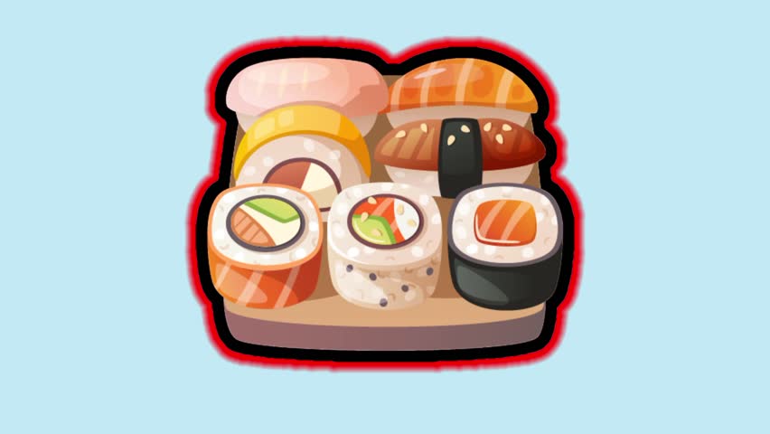 Ramen dish with noodles, egg, beef and green onion Animation intro for advertising or marketing of Japanese cuisine dishes with the ingredients of the dish flying in the air isolated sky background.