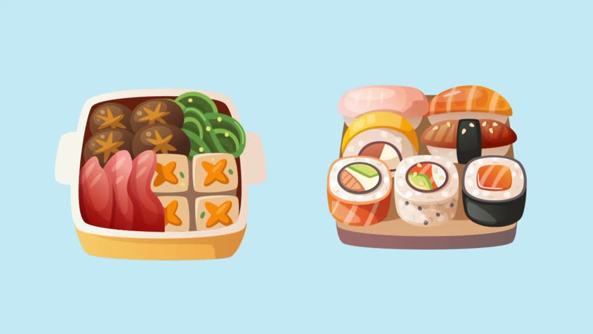 Ramen dish with noodles, egg, beef and green onion Animation intro for advertising or marketing of Japanese cuisine dishes with the ingredients of the dish flying in the air isolated sky background.