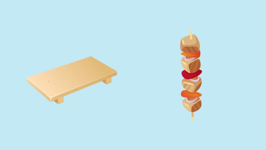 Ramen dish with noodles, egg, beef and green onion Animation intro for advertising or marketing of Japanese cuisine dishes with the ingredients of the dish flying in the air isolated sky background.