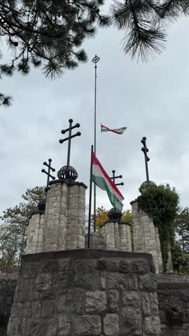 Hungarian flag at viewpoint on top of Zebegény Memorial of World War I.