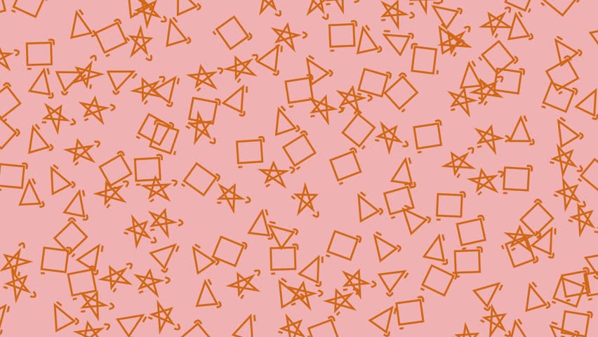 A vibrant and playful abstract background featuring a soft pink hue adorned with an array of scattered orange geometric shapes, including squares, triangles, and stars, creating a dynamic and cheerfu.