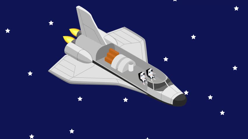 Space Shuttle with Astronauts in Orbit – Isometric Outer Space 3d animation cartoon
