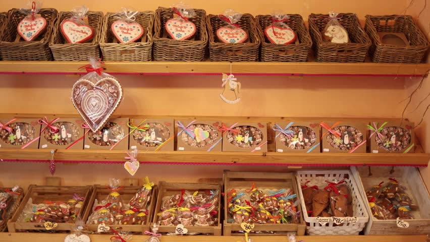 Display of handmade gingerbread hearts and cookies decorated with colorful icing and ribbons in cozy Prague bakery representing european festive sweets and artisanal pastry tradition