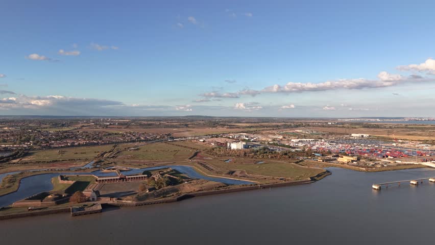 Tilbury fort coastal star shaped fortress aerial view overlooking River Thames marshland panorama
