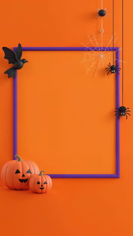 A halloween background orange frame pumpkin spider web bat candlelight minimal festive scene with purple border glowing jack o lantern black spider cobweb raven bat clean layout playful mood for pa