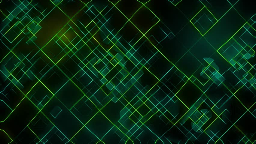Glowing neon line work with rotating squares animation on dark gradient background dynamic motion graphics and visual effects seamless modern design lighting movement colours green cyan teal