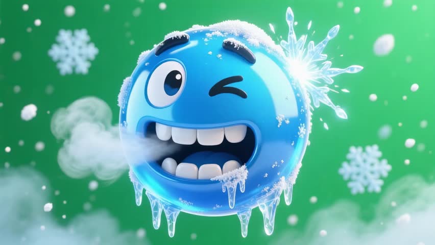 A cheerful winter emoji winking, covered in snow and ice. Perfect for christmas and the holiday season! Animated snowflake background adds festive cheer. 