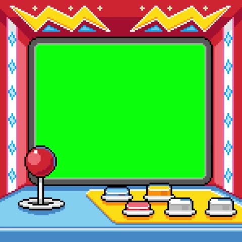 play arcade console screen in pixel art style with green screen background