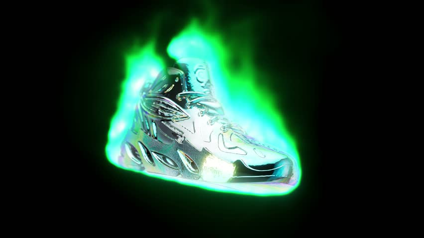 Conceptual 3D animation of a basketball shoe on fire
