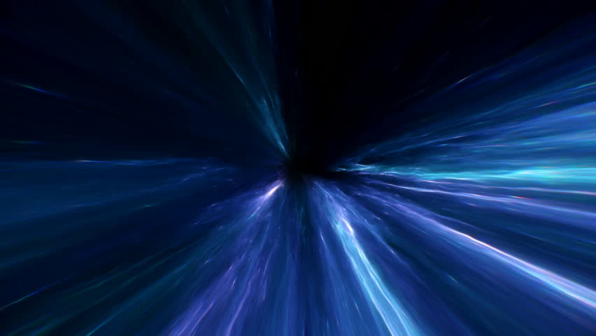 Seamless loop animation of flying through glowing outer space warp drive effect with glowing blue particles and starlight trails. Ideal for sci-fi scenes, VFX, and immersive projections