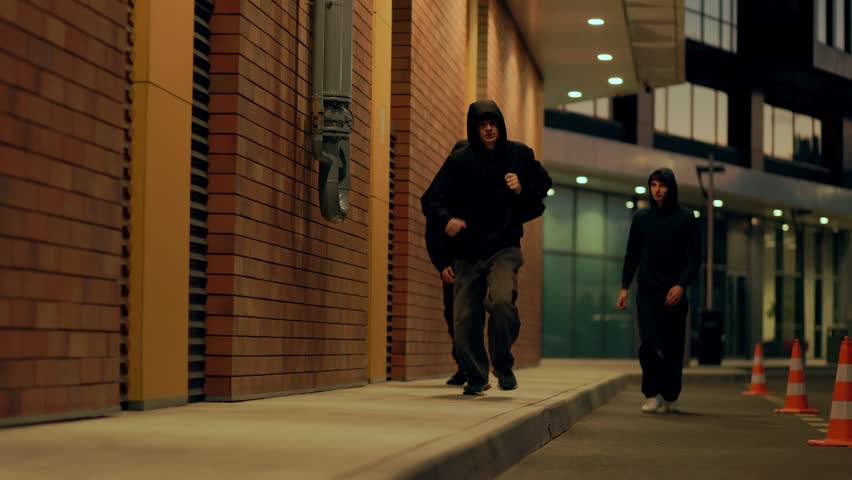 Two teenage offenders in hoodies are seen running after a young boy at night, reflecting street crime, social issues, and the overwhelming fear of being chased.