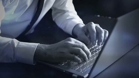 Close-up of businessman typing on laptop with holographic display, symbolizing digital innovation, technology, and modern business communication. - Powered by Shutterstock - Get 15% off with code: PIKWIZARD15