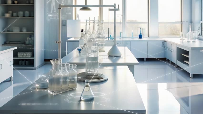 Bright modern laboratory with animated infographics visualizing scientific research, data analysis, and innovation in science and technology. - Powered by Shutterstock - Get 15% off with code: PIKWIZARD15