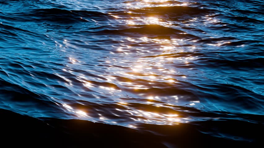 Sunlight sparkles over ocean waves. Slow motion close up of disturbed ocean water surface. Loop 4K animation