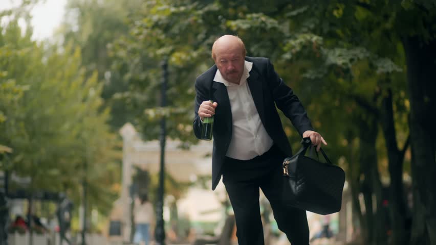 Bald elderly man in office suit walks drunk on the street after heavy drinking, carrying his bag, reflecting alcohol addiction, unemployment, and serious social problems.