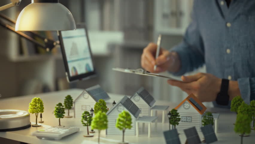 A man works on an architectural project, carefully recording data in a journal. The search for sustainable development and energy efficiency solutions. Building homes with solar panels