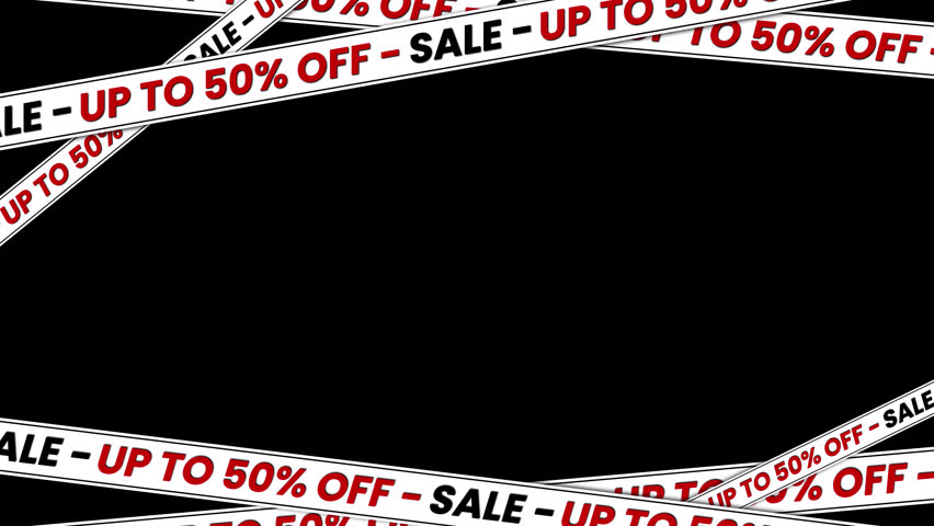 Animated Sale up to 50% off banner with moving red ribbon – seamless loop on transparent background for promo, advertising, and discount videos.