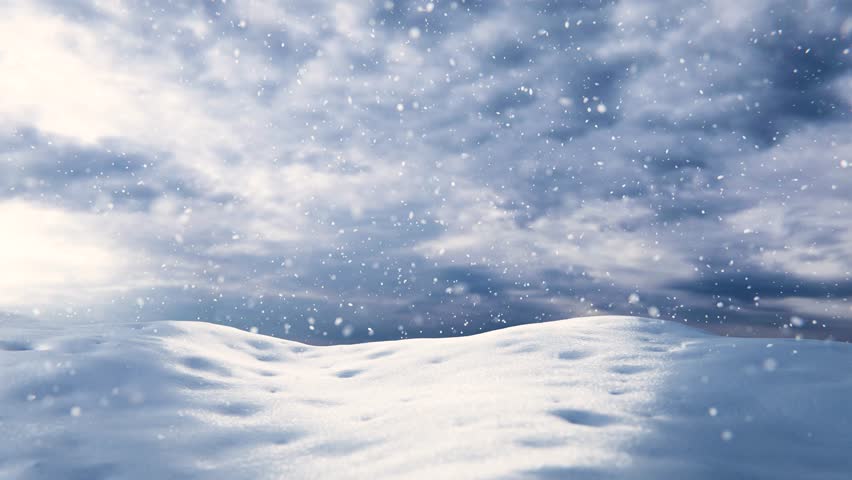 Winter snowfall over snowy landscape covered in snow. Snowflakes falling in endless seamless loop.