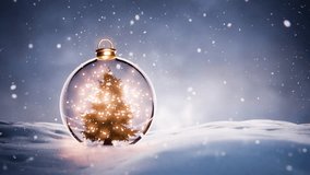 Christmas tree ornament and holiday lights rotating in glass bauble in snow during snowfall. Seamless loop. - Powered by Shutterstock - Get 15% off with code: PIKWIZARD15