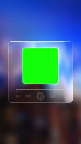 Glass morphism green screen music player interface. Liquid glass media player with menu, pause, rewind buttons. Player with audio waveform and album cover. Vertical video. 9:16 format.