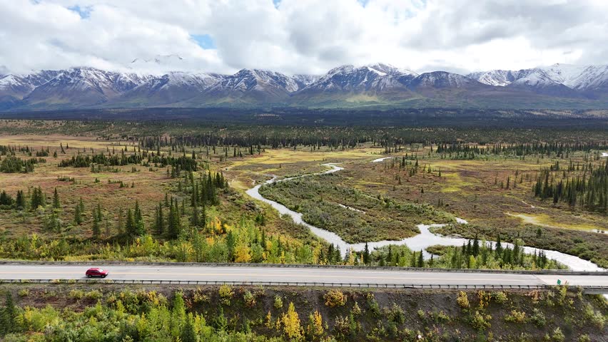 Cinematic Parallel Car Follow with Alaskan Range in the Background