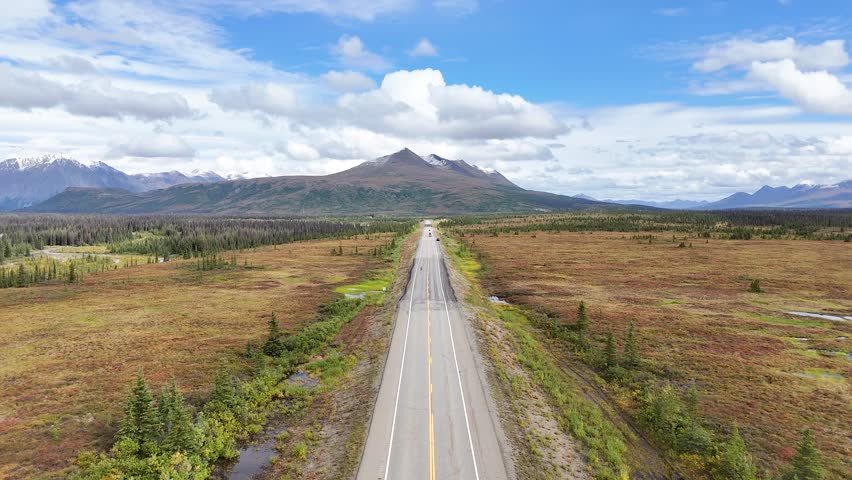 Scenic Drone Flying over Alaskan Highway near Denali National Park