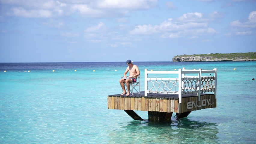 the digital nomad life, remote working concept visual; man working on a laptop by the tropical ocean, Remote work lifestyle, digital nomad by Caribbean shore blending leisure and productivity.