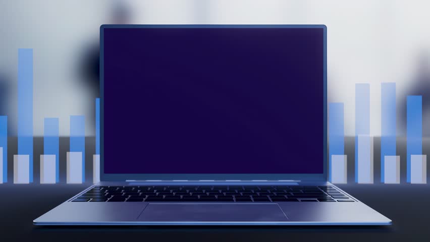 A laptop with a black screen and a blue background with business icons.