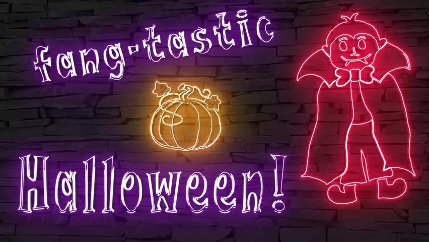 Fang-tastic Halloween + silhouette of charming vampire illuminated 3d illustration retro neon signs, so sweet and cute 10s 4k video art, cute Halloween wishes in purple red and orange. sweet!
