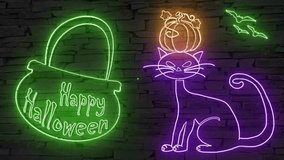 Happy Halloween + silhouette of cauldron cat pumpkin and bats illuminated 3d illustration retro neon signs, so sweet and cute 10s 4k video art, cute wishes in purple green and orange - Powered by Shutterstock - Get 15% off with code: PIKWIZARD15