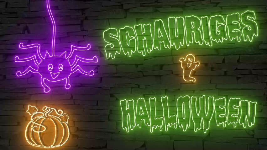 Schauriges Halloween (German Happy Halloween) + silhouette of spider ghost pumpkin illuminated 3d illustration retro neon signs, so sweet and cute 10s 4k video art, cute + funny Halloween wishes 