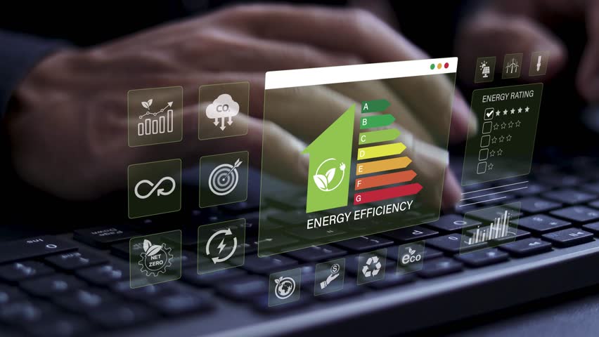 Energy efficiency Improvement concept, Eco-friendly homes for sustainable development. Businessman type on keyboard to energy efficiency rating assessment.