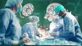 Team of surgeons wearing masks and scrubs. Performing operation under bright lights. Doctors surrounded by floating holographic medical charts and health data during surgery. Modern operating room. - Powered by Shutterstock - Get 15% off with code: PIKWIZARD15
