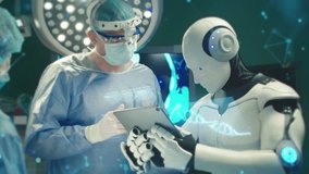 Male surgeon in blue scrubs and mask standing beside humanoid robot analyzing data on tablet. Doctor collaborating with artificial intelligence assistant under surgical lights. Operating room. - Powered by Shutterstock - Get 15% off with code: PIKWIZARD15