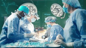 Group of surgeons in blue scrubs performing operation under surgical lights. Medical team focused while holographic screens display vital signs and health data. Advanced digital technology. - Powered by Shutterstock - Get 15% off with code: PIKWIZARD15