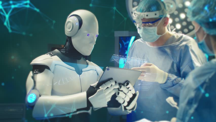 Doctor wearing surgical mask and magnifying headset standing beside humanoid robot analyzing tablet screen. Medical professional collaborating with AI assistant under bright lights. Futuristic room. - Powered by Shutterstock - Get 15% off with code: PIKWIZARD15
