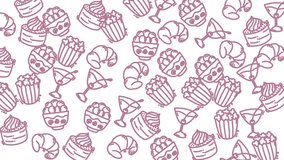 Seamless food pattern featuring hand-drawn doodles of popcorn, cake, croissant, and cocktail glasses in soft pastel purple on a clean white background. - Powered by Shutterstock - Get 15% off with code: PIKWIZARD15