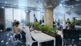 People working in modern eco-friendly office using computers and tablets surrounded by plants. Blue holographic data streams rising into digital cloud. Symbolizing cloud computing and connectivity. - Powered by Shutterstock - Get 15% off with code: PIKWIZARD15