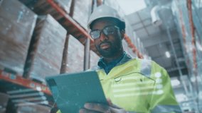 African American industrial worker in helmet and reflective jacket holding tablet with holographic projection. Male supervisor checking digital inventory in large warehouse with stacked pallets. - Powered by Shutterstock - Get 15% off with code: PIKWIZARD15