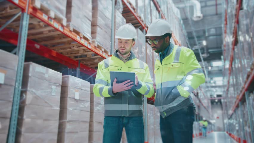 Two male engineers wearing helmets and reflective jackets standing in warehouse. People holding tablet device with digital data projection. Workers analyzing inventory and discussing logistics. - Powered by Shutterstock - Get 15% off with code: PIKWIZARD15