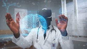African American doctor wearing VR headset interacting with holographic 3D brain models. Male medical specialist using virtual reality for neurology research and diagnostics in clinic office. - Powered by Shutterstock - Get 15% off with code: PIKWIZARD15