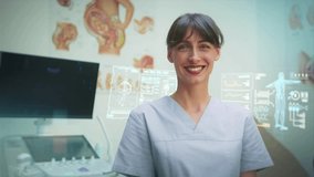 Smiling female doctor wearing medical uniform and standing in clinic. Holographic patient data displaying behind. Caucasian nurse or specialist using digital diagnostics system for healthcare. - Powered by Shutterstock - Get 15% off with code: PIKWIZARD15