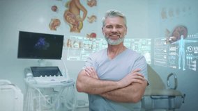 Smiling mature male doctor wearing scrubs while standing with crossed arms in medical office. Caucasian specialist posing near ultrasound machine with digital holographic patient data behind. - Powered by Shutterstock - Get 15% off with code: PIKWIZARD15