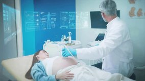 Doctor performing ultrasound examination on pregnant woman. Specialist using modern equipment. Holographic fetal data and health indicators projected in clinic environment. Medical technology concept. - Powered by Shutterstock - Get 15% off with code: PIKWIZARD15