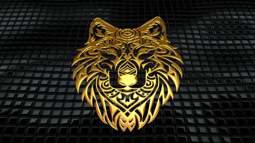 Mystical Abstract Golden Wolf Silhouette Shining Over Black Cubes, Exclusive and Premium Artwork for Tattoo or High-End Fashion Art Concept