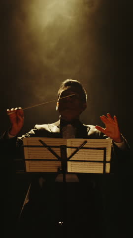 vertical slow motion footage of orchestra conductor performing under golden light with baton concept of art of sound inspiration harmony creativity and classical music full hd