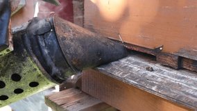 A close-up shot of a beekeeper using a smoker to calm bees before opening a beehive, generating smoke, ensuring a safe beekeeping process outdoors on a sunny day, on the backyard - Powered by Shutterstock - Get 15% off with code: PIKWIZARD15